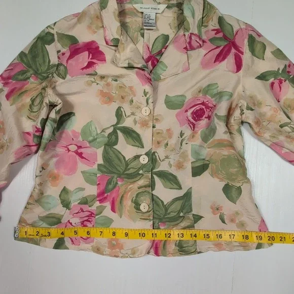 Vintage Melrose Studio Silk Cotton Floral Blazer Jacket Pink Green Rose Size 8 - Picture 4 of 10